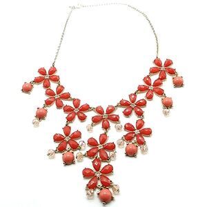 WHBM Faceted Rouge Flowers Crystal Centers & Cabochon Coral Dangle Drop Necklace